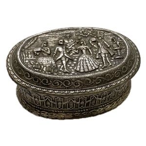 Vintage 60s silver tone metal trinket box Victorian garden scene